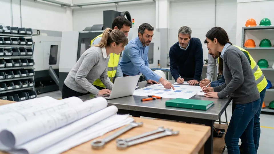 Equipo trabajando sobre planos y procesos propios en planta