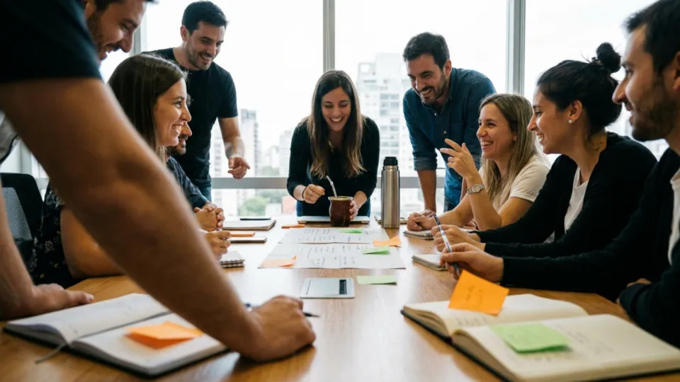 Equipo reunido alrededor de una mesa de trabajo
