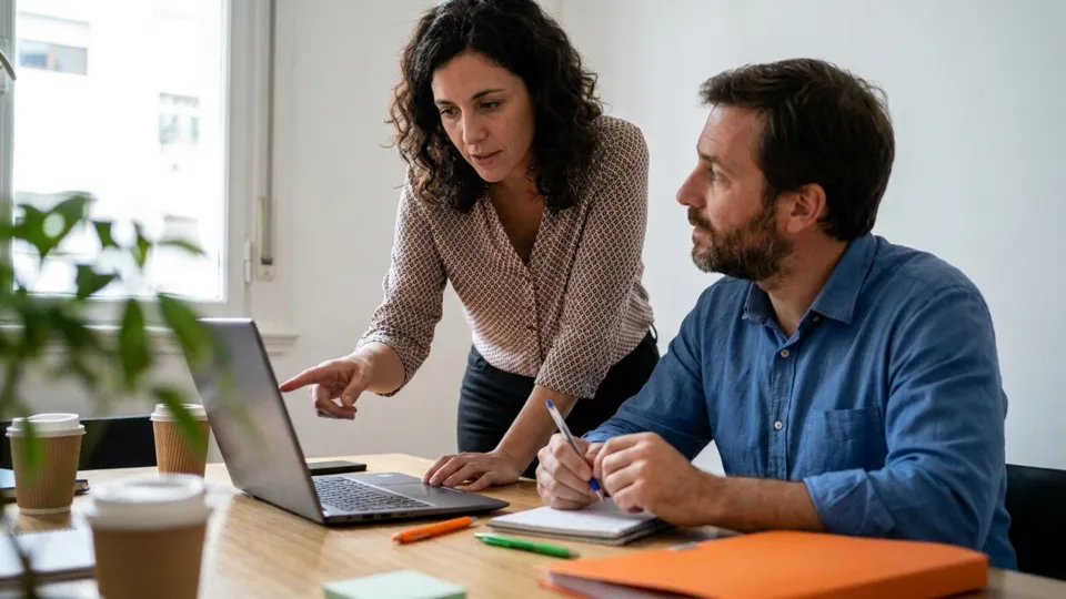 Una mentora señala la pantalla de una laptop junto a un colaborador que toma notas