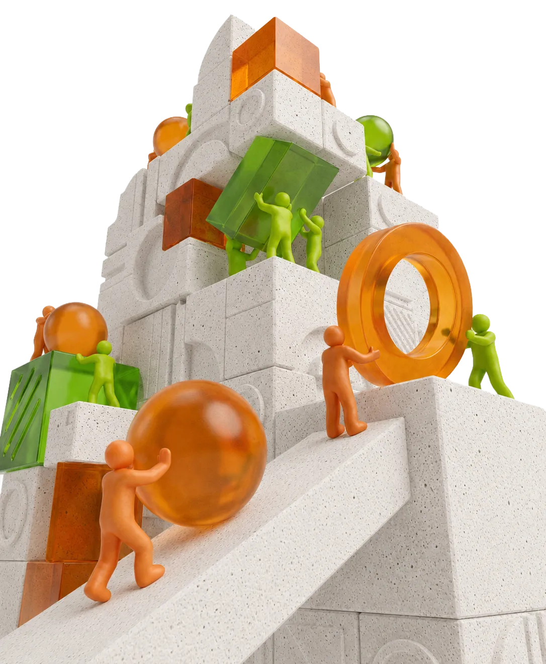 Figuras ascendiendo una montaña de concreto cargando piezas ámbar